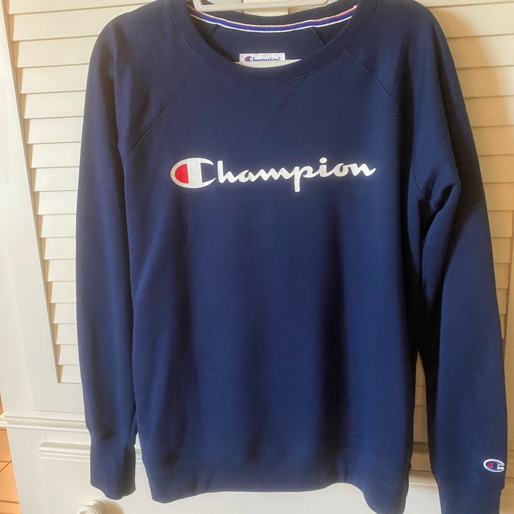 Champion Navy Crewneck with White Script Logo and Red Accent